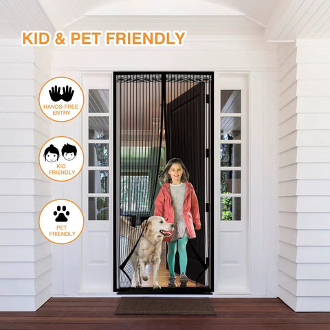 Child and dog exiting through Magnetic Screen Door For Doors Up To 37 By 82 Inches, Self Sealing Mesh Magnetic Closure, Black