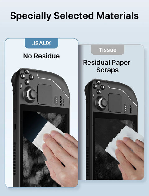 Front view of JSAUX microfiber cleaning cloth packaging, 100-count, panels labeled No Residue and Residual Paper Scraps.
