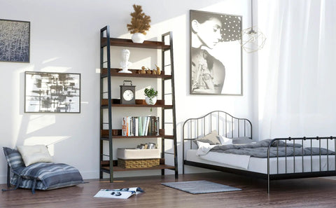 Solid Five Tier Industrial Ladder Bookshelf In Rustic Brown, Steel Frame Leaning Rack For Plants And Daily Gear, Hella Sturdy Freestanding Floor Bookcase For Chill Living Rooms Or Crisp Home Studios