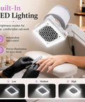 Professional Nail Dust Collector Dishing Out Killer Suction For Talk Friendly Salon Or Home Manicure And Pedicure Sessions Featuring 360 Degree Adjustable Arm Honeycomb Intake For Smooth Gel Acrylic Cleanup with built-in LED lighting.