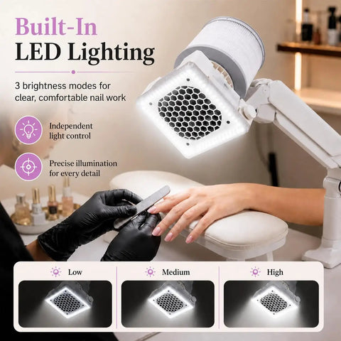 Professional Nail Dust Collector Dishing Out Killer Suction For Talk Friendly Salon Or Home Manicure And Pedicure Sessions Featuring 360 Degree Adjustable Arm Honeycomb Intake For Smooth Gel Acrylic Cleanup with built-in LED lighting.