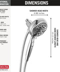 Image of Sure Dock Chrome Hand Shower with MagnaTite docking, 7 spray settings, H2Okinetic PowerDrench technology, product dimensions.