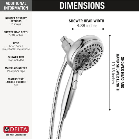 Image of Sure Dock Chrome Hand Shower with MagnaTite docking, 7 spray settings, H2Okinetic PowerDrench technology, product dimensions.