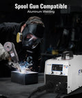 Man welding with Six In One Dual Voltage MIG Welder 120V/240V Workhorse With Flux Core And Gas MIG Stick Lift TIG Spot Welding All In One Spool Gun Ready Portable Weld Machine With LED Display