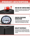 Adjustable 90-120 PSI air compressor pressure switch valve with 0-180 PSI gauge, red knob, and vertical manifold regulator