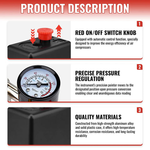 Adjustable 90-120 PSI air compressor pressure switch valve with 0-180 PSI gauge, red knob, and vertical manifold regulator