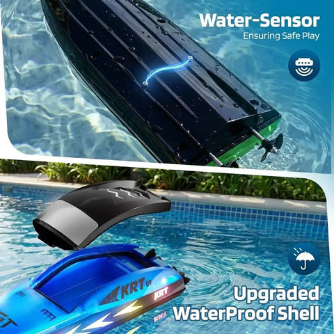 Kids Rc Boat With 8 LED Light Modes, Waterproof All Around Design in pool showcasing water-sensor and upgraded shell features