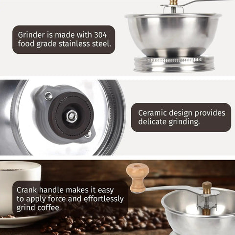 Wide Mouth Mason Jar Coffee Grinder Lid Attachment with Ceramic Burrs, stainless steel manual grinder showcasing components and handle.