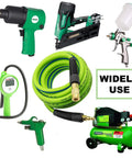 Beefy One Quarter Inch Air Hose Built For Tough Jobs One Hundred Foot Long 300 PSI burst with tools like spray gun and compressor