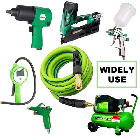 Hybrid Air Hose 1/4 Inch By 50 Feet, 300 PSI Heavy-Duty, Kink-Resistant for air tools, compressor, and spray paint usage, green and blue