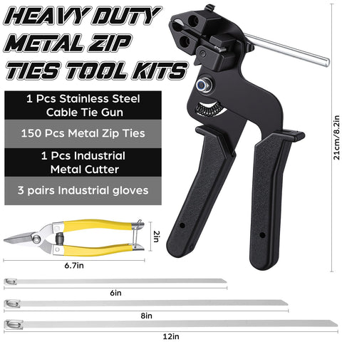 Stainless Steel Cable Tie Gun Kit With 150 Zip Ties 50 Of Each Size 6 8 And 11.8 Inch Includes Cutter And 3 Pairs Gloves