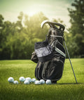 Golf bag with attached 2 Pack Go-To Golf Ball Storage Bags With Nylon Mesh Pouches Drawstring Golf Bag Organizer on grassy course