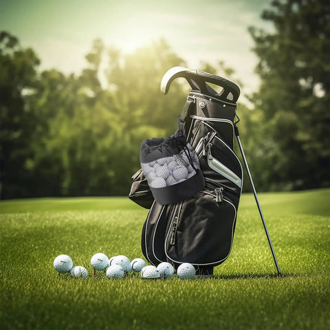 Golf bag with attached 2 Pack Go-To Golf Ball Storage Bags With Nylon Mesh Pouches Drawstring Golf Bag Organizer on grassy course