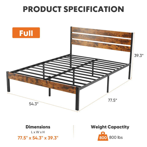 Heavy Duty Full Size Bed Frame With Headboard And Footboard, Rock Solid Steel Wood Hybrid Build Handles 800 Pounds, 39.3 inch height.
