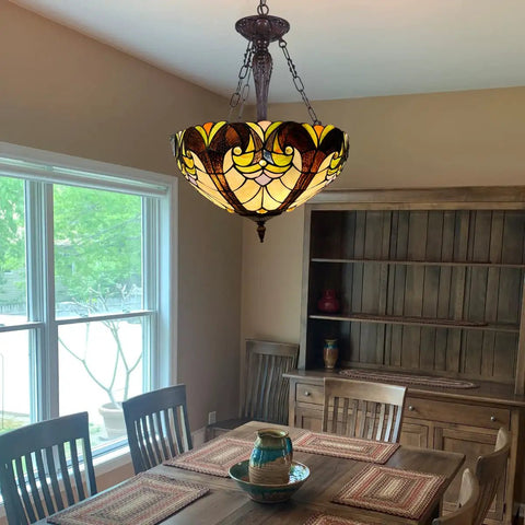 Dining room with Tiffany Style 18 Inch Stained Glass Pendant Lights With Three Lights Victorian Antique Hanging Lamp, cozy glow.