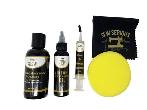 Premium Sewing Machine Restoration Polish And Cleaning Kit With Wax Microfiber Cloth Foam Pad Oil And Grease For A High Gloss Finish Plus Pro Grade Precise Lubrication Bottle With Taper Spout And Long Spout Syringe Design. Kit with 4 oz polish, 2 oz oil, 12 ml lubricant.