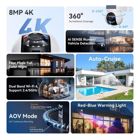 Image showcasing features of Two Pack 8MP IP Camera Wireless Security Setup With Dead Reliable WiFi6 Connectivity And Spot On AI Motion Tracking.