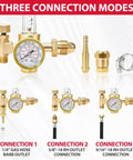Argon Regulator Flow Meter With Welding Hose For MIG TIG Welding, CGA-580 Inlet, Smooth Flow, Works With Argon CO2 Helium And More Gas Cylinders, Easy Hookups And Multi-Size Connection Options, brass regulator with three outlet adapters