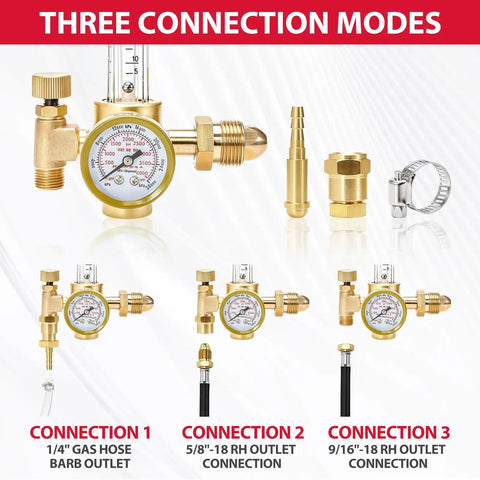 Argon Regulator Flow Meter With Welding Hose For MIG TIG Welding, CGA-580 Inlet, Smooth Flow, Works With Argon CO2 Helium And More Gas Cylinders, Easy Hookups And Multi-Size Connection Options, brass regulator with three outlet adapters
