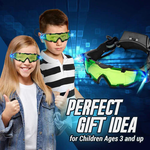 Epic Night Vision Spy Goggles For Kids See In The Dark With Invisible Ink Pen displayed by children on a tech-themed backdrop.