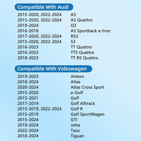 Compatibility chart for Cabin Air Filter With Activated Carbon for VW and Audi Rides Including Tiguan Atlas Jetta GTI Taos Golf Arteon