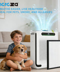 Child and dog sitting next to air purifier with 2 Pack Replacement Filters For FreAire And XenonLab HAP605 HAP607 Air Purifiers