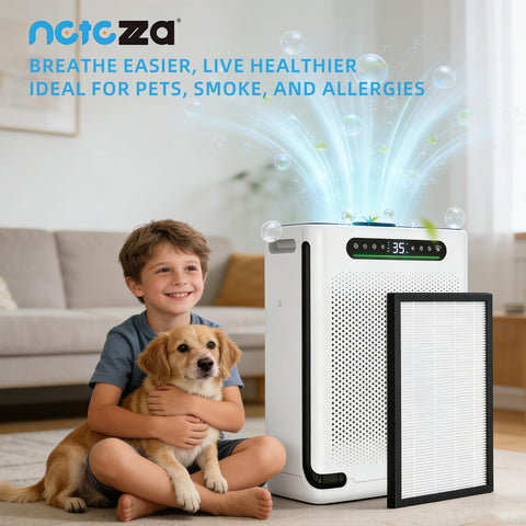 Child and dog sitting next to air purifier with 2 Pack Replacement Filters For FreAire And XenonLab HAP605 HAP607 Air Purifiers