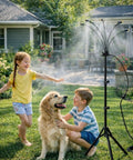 Children and dog playing under Outdoor Misting System With Adjustable Stand And 360° Flexible Hose Ultra Fine 0.5mm Nozzles For Patio Cooling