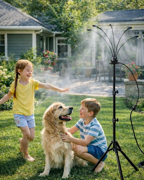 Children and dog playing under Outdoor Misting System With Adjustable Stand And 360° Flexible Hose Ultra Fine 0.5mm Nozzles For Patio Cooling