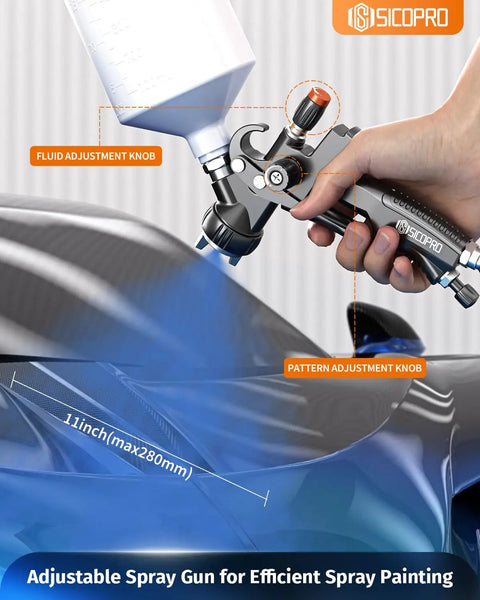 Hustle Ready Lvlp Paint Spray Gun With Built In Oil Water Catcher For Custom Rides And Wood Finishing showing fluid and pattern adjustment knobs.