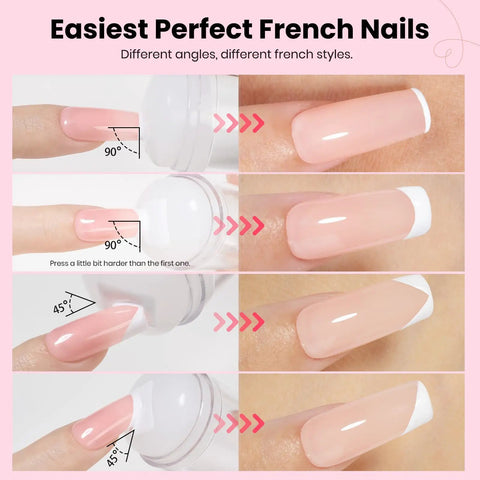 Demonstrating nail angles with Six Piece French Tip Nail Stamp Kit With Silicone Stamper Replacement Heads And Scrapers Easy DIY Nail Art Tool