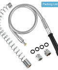 Heavy Duty 44 Inch Pre Rinse Hose With Grip Handle And Spring For Commercial Sinks, showing hose, spring, connectors, washers