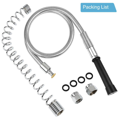 Heavy Duty 44 Inch Pre Rinse Hose With Grip Handle And Spring For Commercial Sinks, showing hose, spring, connectors, washers
