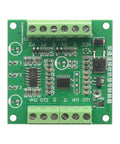 Close-up of a Dual Channel PWM To Voltage Servo Receiver Converter for RC Crawlers with green circuit board and connectors.