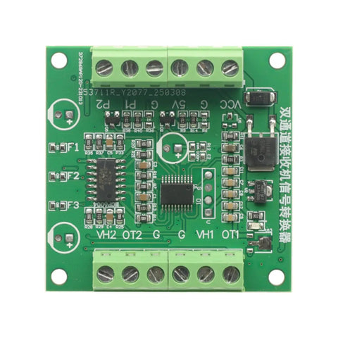 Close-up of a Dual Channel PWM To Voltage Servo Receiver Converter for RC Crawlers with green circuit board and connectors.