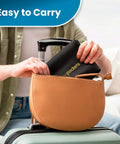 Person packing black Air Travel Tray Cover And Seat Back Organizer For Flights, The Ultimate In Flight Organizer into handbag on luggage.