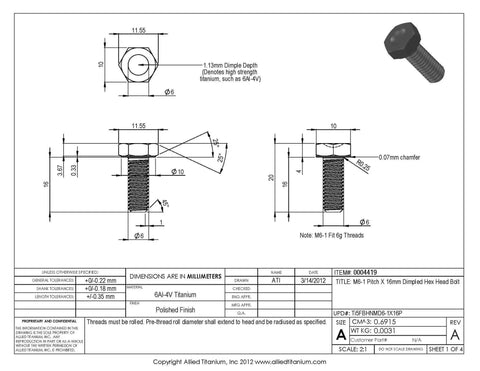 Pack Of Twenty Top Shelf M6 Metric Titanium Hex Head Bolts Grade Five Slick Polished Finish detailed technical drawing