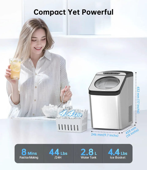 Woman using Nugget Ice Maker Countertop With Self Cleaning Delivers 44 Lbs In 24 Hours Of Chewable Nugget Ice Pellet Style.
