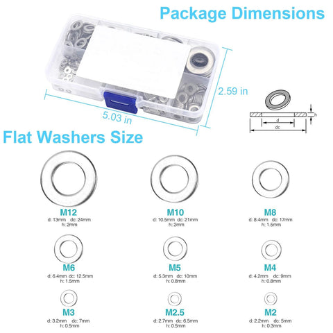 Flat washer set in clear plastic organizer box, 800 pcs, 304 stainless steel, M2–M12 sizes