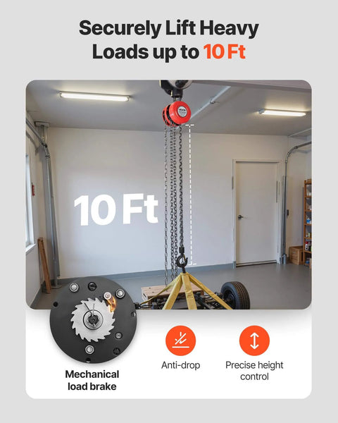 1 Ton Hand Chain Hoist With 10 Ft Lift Height And Galvanized G70 Chain in garage setting, highlighting mechanical load brake detail.