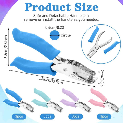 Product image showing 12 Pcs Handheld One Quarter Inch Hole Punches For Crafts With Grip Handles, measurement details included.