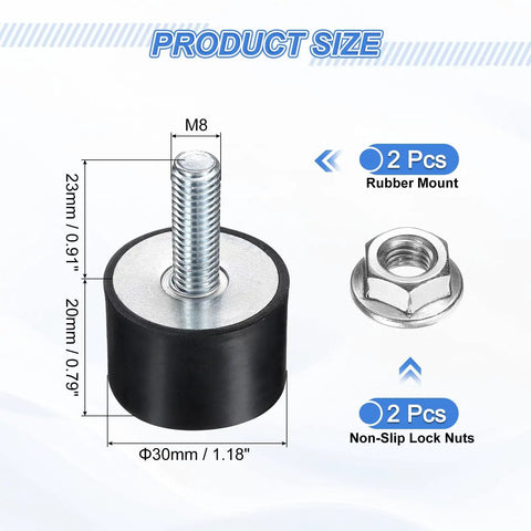 2 Pack M8 Thread Rubber Mounts Vibration Isolators 30 X 20mm Cylindrical Shock Absorbers With Studs And Non Slip Nuts Tough Durable Build For Machinery Equipment Automotive Projects, M8 30x20mm