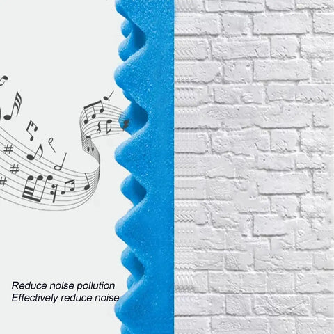 Self Adhesive Pyramid Acoustic Foam Panels To Keep Your Studio Fresh While Knocking Out Echo And Cranking Up Sound Quality For Offices Gaming Rooms Yellow Roll, blue pyramid foam against white brick wall.