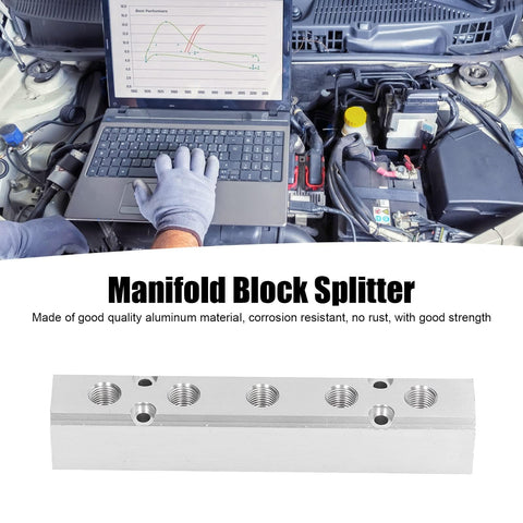 Pneumatic Manifold Air Distribution Block Made From Aluminum Alloy For Air Compressors shown with automotive repair setup