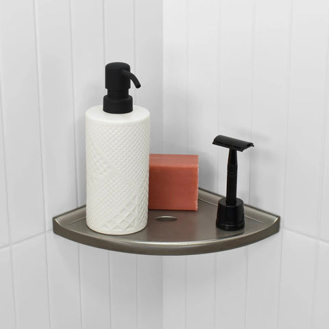 8 Inch Corner Shower Shelf Retrofit Organizer For Tile Walls With Corner Caddy Soap Dish Bathroom Storage showing soap and razor