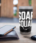 Insulated Stainless Steel Tumbler For Sailplane Crew And Glider Club Fans with Soar Squad text on table with phone and keys