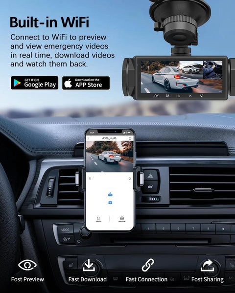 3 Channel Dash Cam For Cars Front Cabin And Rear Cameras With 1080P Resolution 32GB Card 5G Wireless WiFi interface display