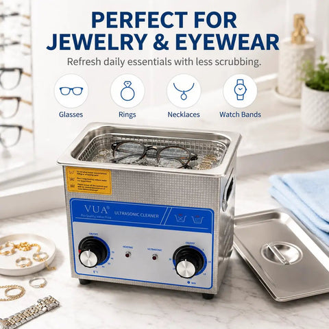 3L Ultrasonic Cleaner With Heater 40kHz Pro Jewelry Cleaner with glasses and jewelry inside stainless tank on display