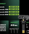 Four Pack 315 Mhz Tire Pressure Monitoring System Sensors For Chevy Silverado 2007 To 2019 with frequency details and OE numbers.