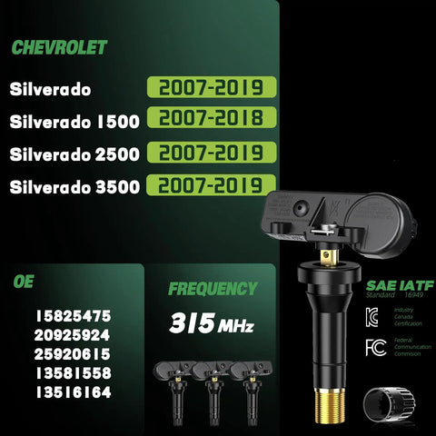 Four Pack 315 Mhz Tire Pressure Monitoring System Sensors For Chevy Silverado 2007 To 2019 with frequency details and OE numbers.